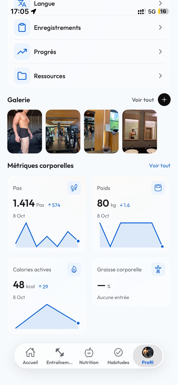 FitnScale mobile app: Progress gallery and metrics
